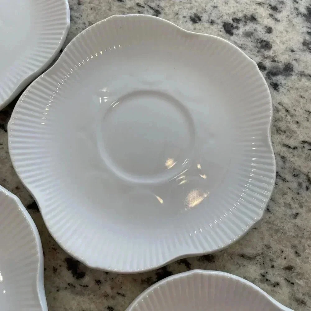 4 Scalloped Saucers - Flower / Shell Shape China Embossed Lines Unmarked Ceramic